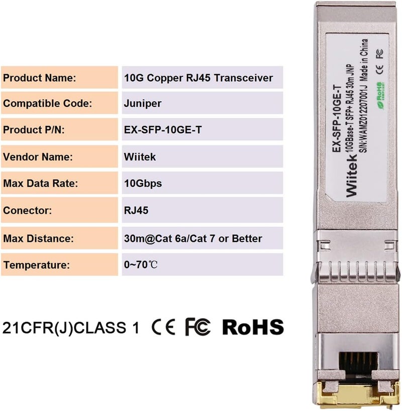 Wiitek 10G SFP+ to RJ45 Copper Modules, 1.25G/2.5G/5G/10GBase-T Ethernet Copper to SFP+ Transceiver Compatible for Juniper EX-SFP-10GE-T(Cat 6a/7 or Better, 30-Meter) - Image 3